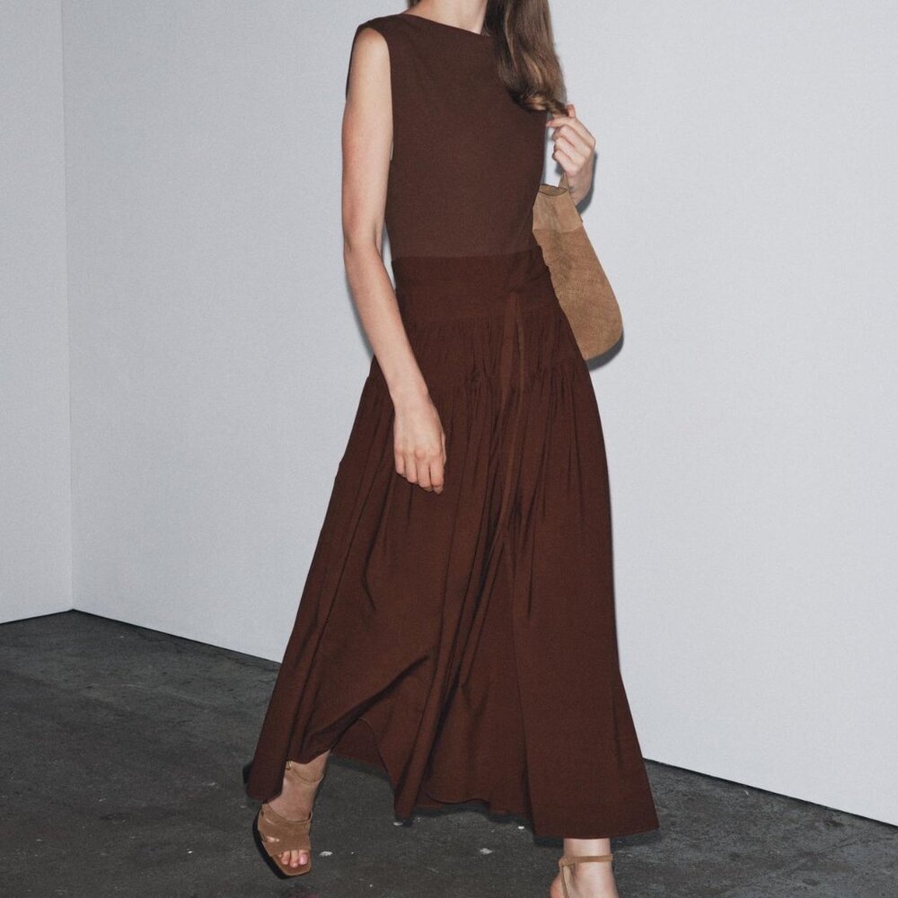 NWT SIZE SMALL COMBINATION RUCHED DRESS Brown | 0264/207/700 ZARA
